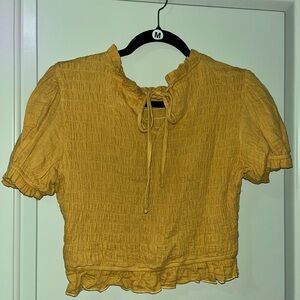 Listicle Golden Ruffle Mustard Puff Sleeve Smocked Crop Top With Back Tie